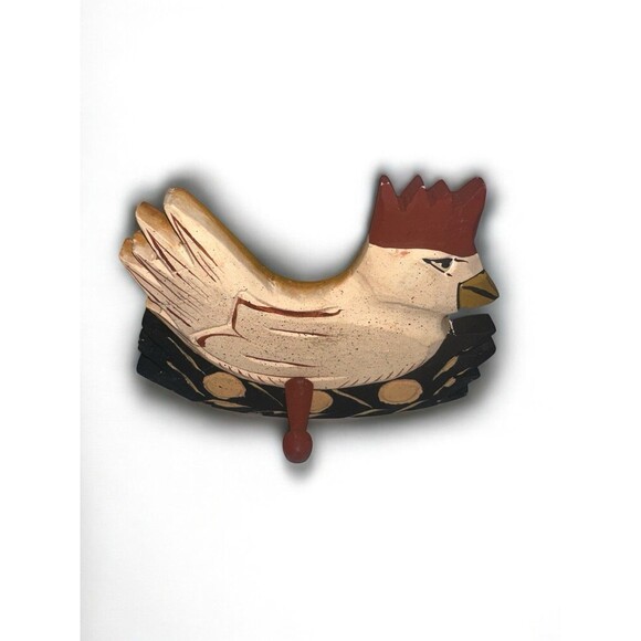 Hand Carved Wooden Chicken Rooster Folk Art Wall Hook Rustic Farmhouse Decor - Picture 6 of 12